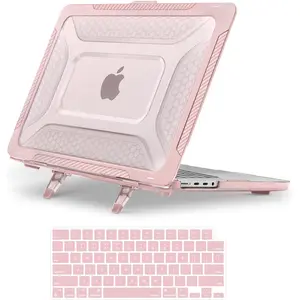 MOSISO Compatible with MacBook Pro 16 inch Case 2026-2021 M4 M3 M2 M1 A3403 A3186 A2991 A2780 A2485, Honeycomb Shockproof TPU Bumper Hard Shell Case with Fold Kickstand&Keyboard Skin, Pink