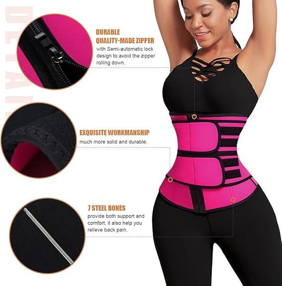 FeelinGirl Women Long Torso Sauna Workout Double Belts Neoprene Sports Waist Belt Corset Waist Cincher Zipper Trimmer Womenswear