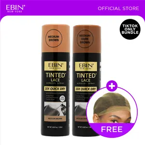 EBIN 10X Quick Dry Tinted Lace Spray Bundle (Medium Brown, Medium Dark Brown) with FREE Wig Cap | Natural Tone Match, Seamless Lace Melt