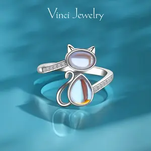 Sterling Silver Synthetic Moonstone Cat Ring with Adjustable Open Design, Elegant Fashion Jewery for Women, Gift Giving Friends, Girls  with Gift Box, Perfect for Daily Wear and Birthday Party