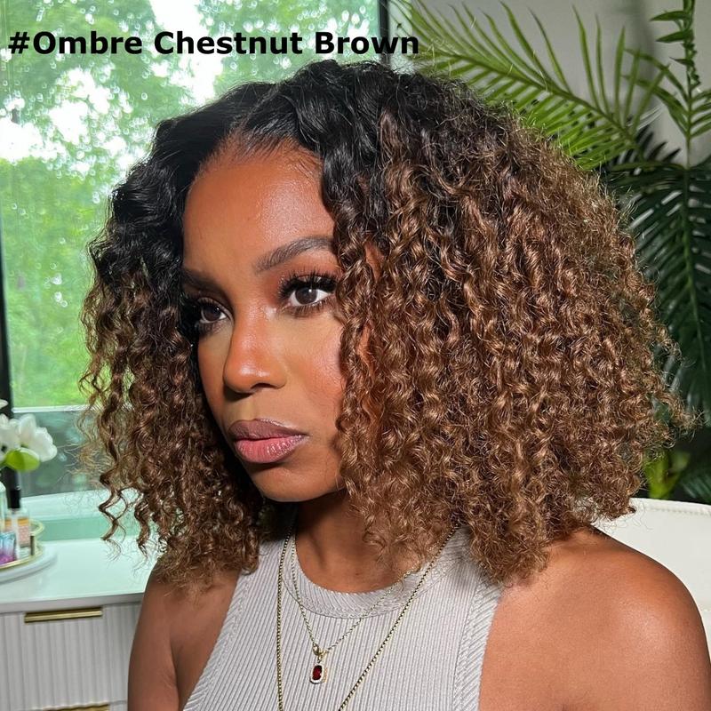 UNice EasiContour V Part Jerry Curly Wig Glueless Blend Natural Human Hair Wigs Beginner Friendly Natural Scalp Daily Using for Women