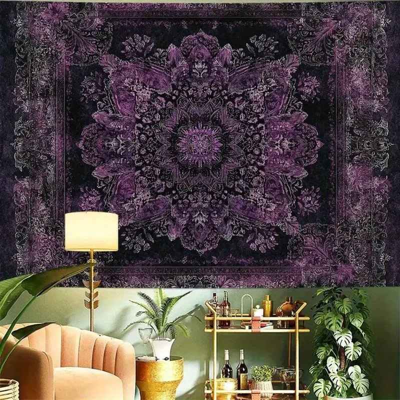 Bohemian Mandala Velvet Tapestry Wall Decor - Knit Soft Suede Polyester Fabric Art, Intricate Purple-Black Flower Patterned Motif, Horizontal Tapestry Wall Mural, Indoor Living Room Decor, Hardware-Free Installation, Ideal Gift, Multiple Sizes, Home Inspo