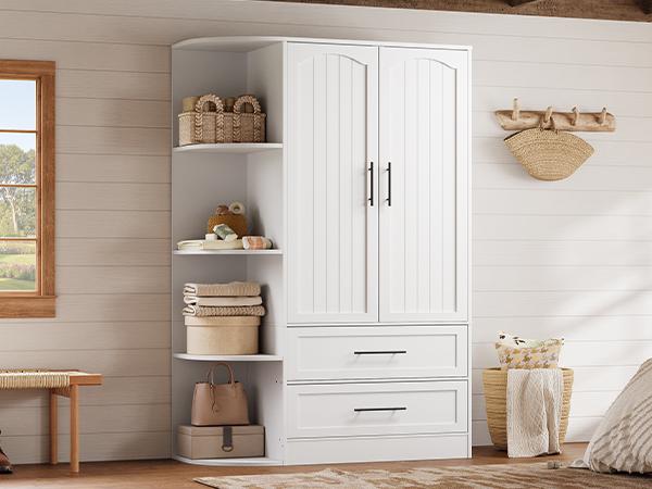 HOOBRO Wardrobe Closet, Storage Closet Cabinet with 2 Drawers, Bedroom Armoire with Storage Shelves, Modern Style with Arc-Designed Side Shelves, Open and Hidden Space, for Bedroom, White