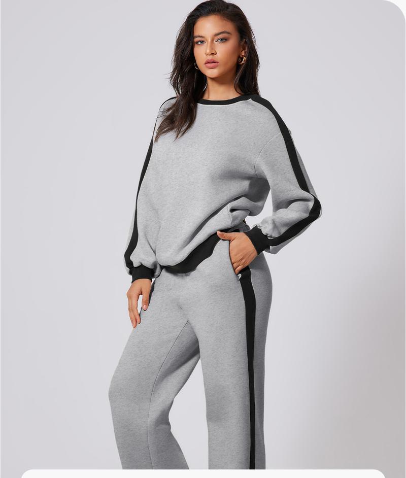 Aleumdr Women's 2 Piece Outfit Fleece Sweatsuit Casual Lounge Matching Sets Crewneck Loose Fit Cozy Sweatshirt & Straight Leg Sweatpants Womenswear Clothes Chic