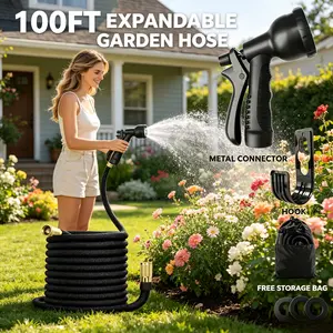 Expandable Garden Hose 100FT Water Hose with Solid Brass Fittings, 8 Function Spray Nozzle, Hose Hanger, Storage Bag & Extra Rubber Washers, Flexible Lightweight Expanding Water Pipe for Yard Watering Car Washing Patio Cleaning
