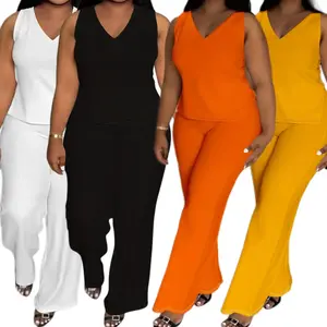 2026 Plus Size Summer Women's Two Piece Set - Elegant Sleeveless V-Neck Top & Wide Leg Pants | Casual Outfits for Women | TikTok Viral Outfit, Beachwear, Street Style Fashion