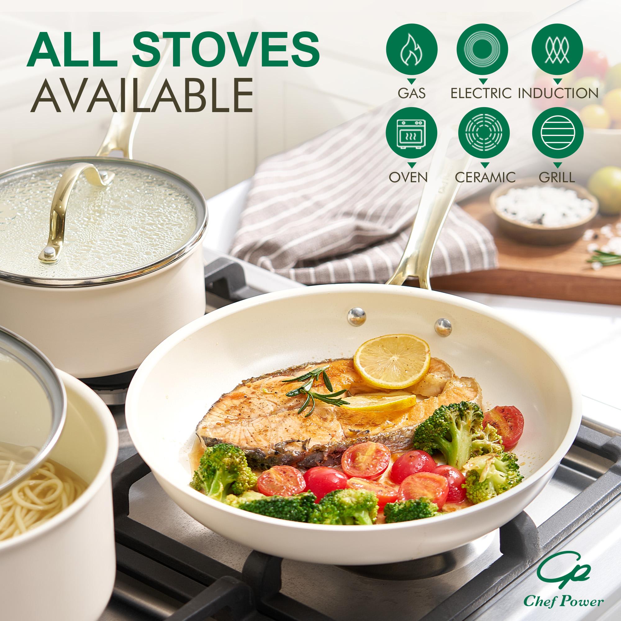 Chef Power 10-Piece Ceramic Non-Stick Cookware Set with Stainless Steel Handles Dishwasher & Oven Safe Cream White & Gold Accents Induction Gas Electric Safe