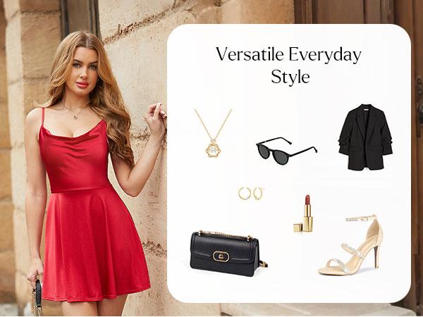 Popilush Built-in Shapewear Mini Slimming Cocktail Dress  Women's Sleeveless Style Sexy Satin Square Neck Tummy Control with Inbuilt Bra