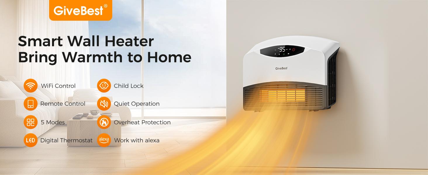 GiveBest Electric Wall Heater with WiFi and Remote Control, Floor or Wall Mounted Heater, Large Room Coverage, 3 Heating Modes, 1500W Fast Heating Space with Thermostat for Indoor Room Use