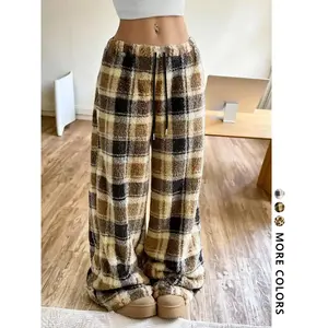 Women's Plaid Flannel Sweatpants Leopard Print, Warm Fleece Lined, Drawstring Waist, Casual Streetwear, Hip Hop Dance School Style