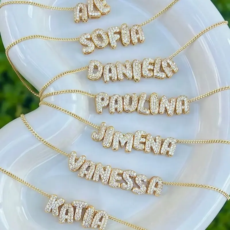 Bubble Nameplate Necklace - 14K Gold Chain with Personalized Name, 18" Adjustable Length, Custom 1-7 Characters, Next Day Shipping, Genuine Gold Coating