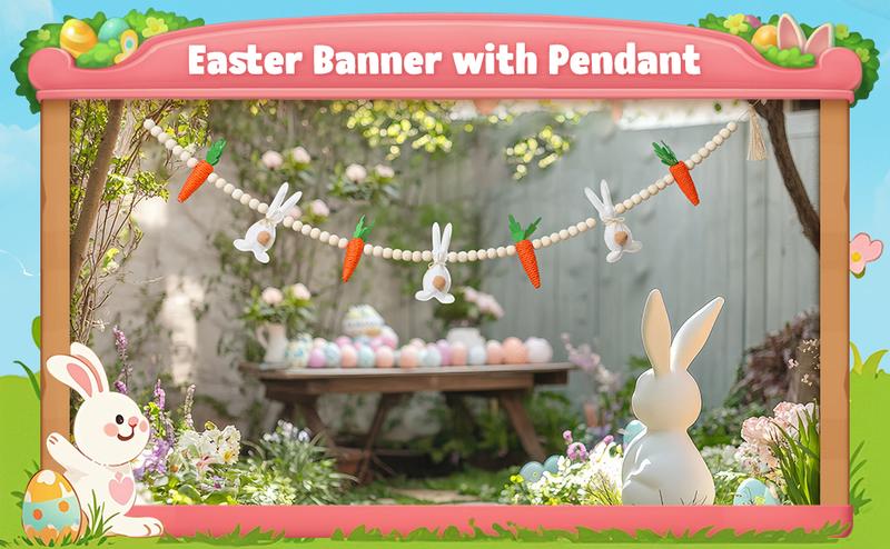 Easter Bunny Garland Wood Beads Banner Rustic Rabbits Hanging Garland with Beads, Bunny Eggs with Bow Door Wreath Garland for Mantle Fireplace Shelf Wall Doorway Display, Spring Home Decor, Easter Decor 2026 Easy Hang Indoor Outdoor Party Supplies & Gifts