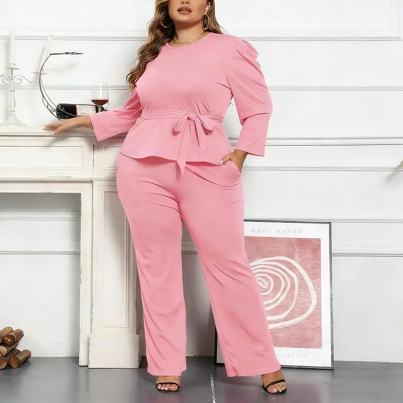 Kafiloe Plus Size Women's Business Suit with Belt 2pcs Outfits Blazer Top & Long Pants Sets Casual Elegant Office Wear Chic Ensemble Stylish Suit Durable Material Easy Care Matching Outfit for Career Wardrobe