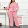 Kafiloe Plus Size Women's Business Suit with Belt 2pcs Outfits Blazer Top & Long Pants Sets Casual Elegant Office Wear Chic Ensemble Stylish Suit Durable Material Easy Care Matching Outfit for Career Wardrobe