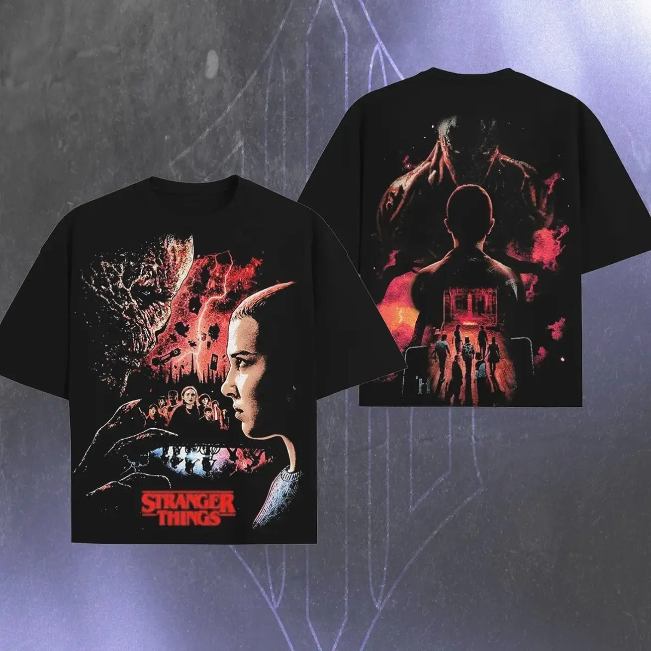 Stranger Things Vintage 5 Vecna vs all Edition Double Printed Oversize Lightweight TV series Vintage Graphic Design Top Cotton Comic Movie Classic Streetwear T-Shirt Clothes Menswear Womenswear. SJP