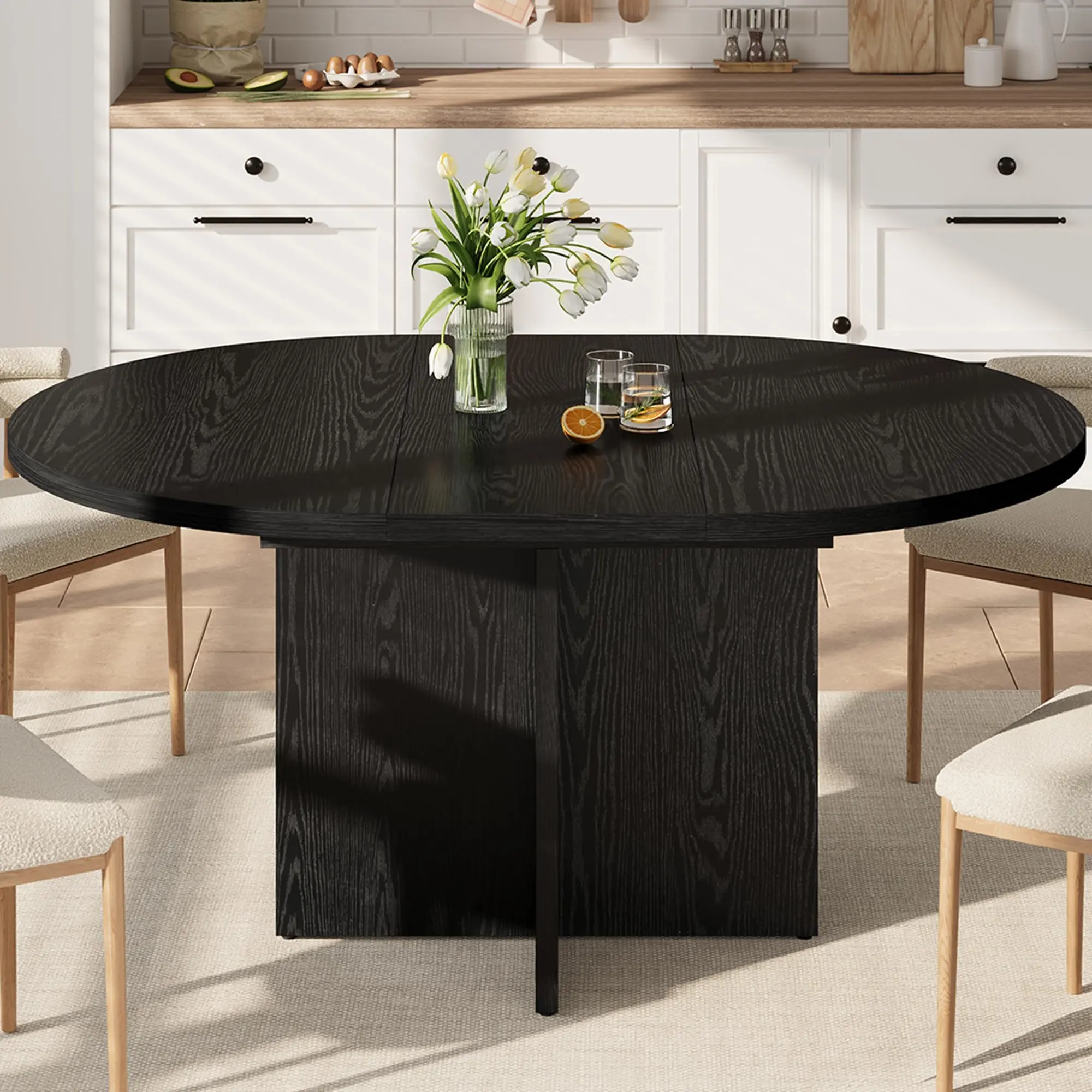 Modern High-Quality Wood Dining Table - 43.3in-59in Extendable Black Round/Oval Space-Saving Assembly Required Piece with Removable Leaves, Fits 4-8 People, Ideal for Dining Room, Kitchen,sohochic