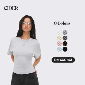 Cider Round Neckline Tee – Cotton Stretch Ribbed French Chic Women's Office Work Daily Casual Top, Summer Slim Fit Basic Short Sleeve T-Shirt SummerWins