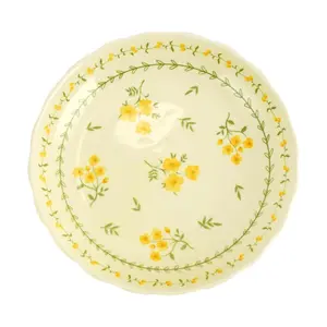 Golden Lion 7-Inch Japanese Style Ceramic Plate, Pastoral Spring Floral Design, Yellow Glaze Lotus Dish, 17.7x17.7x3.8cm