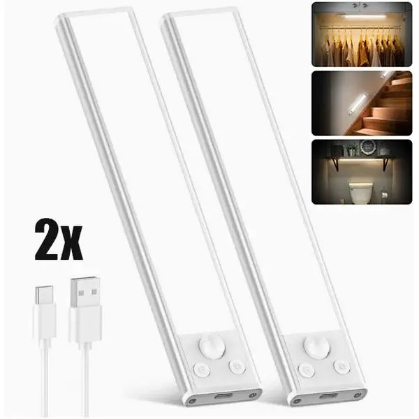 2‑Pack Rechargeable Under‑Cabinet Light Bars,76 LED 180 Lumens,Motion Sensor Auto On‑Off,1500mAh USB‑C Charging,Magnetic Adhesive Mount,Adjustable Brightness & Color for Kitchen Pantry Garage Closet