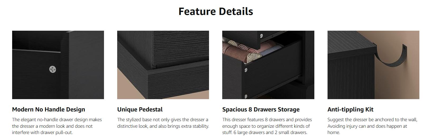 Sikaic 8 Drawers Bedroom Dresser, Black Large Double Dressers, Modern Chest of Drawers Storage Organizer for Bedroom, Living Room, Entryway