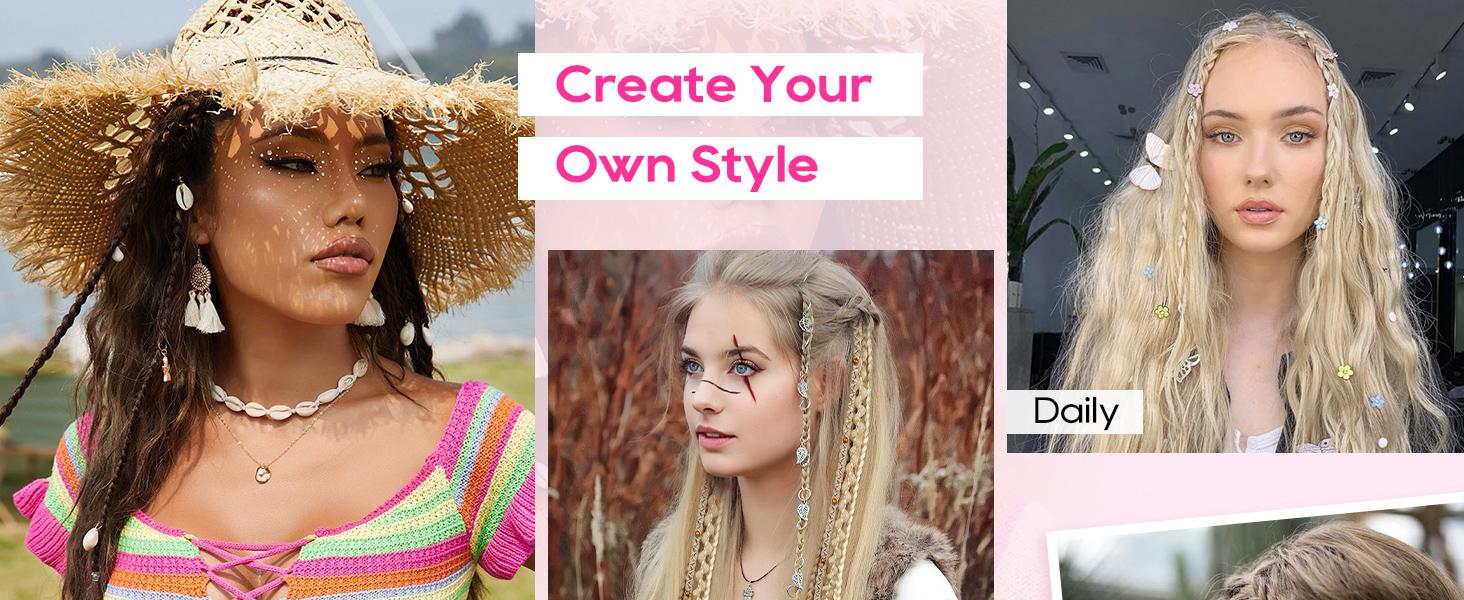 NAYASA 2PCS Clip in Braid Hair Extensions for Women,20" Boho Dreadlock Clip in Braids with Beads & Charms, Handmade Synthetic Braided Hairpieces for Cosplay Daily Styling