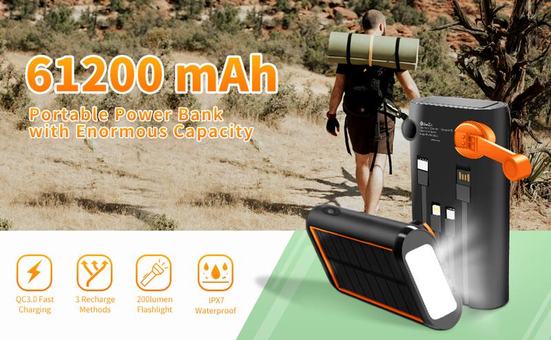 ReeZar 61200mAh Solar Charger 3-in-1 Charging Solar Crank Cable 4 Built-in Cables Charges 7 Devices IPX7 Waterproof SOS Flashlight