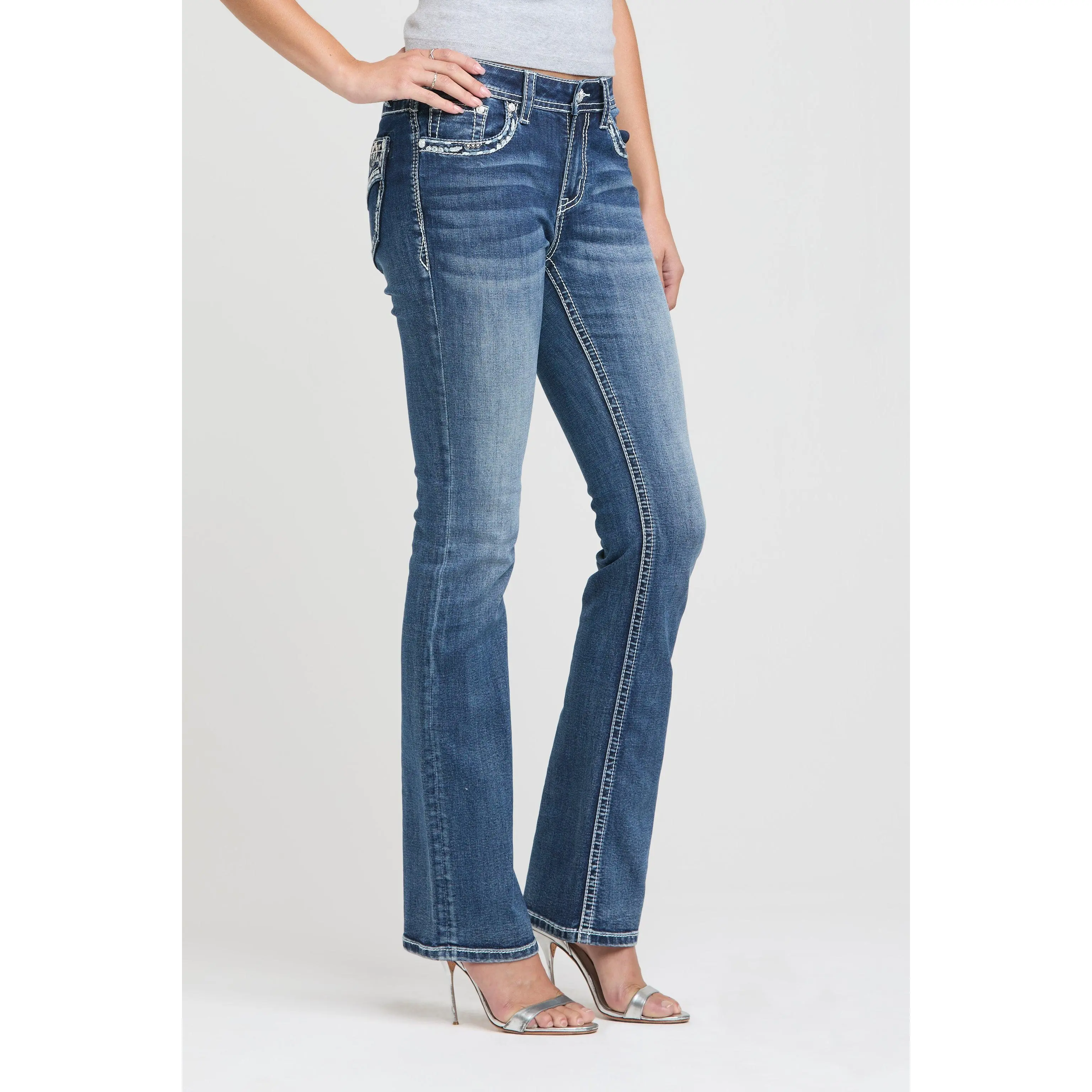 Aztec Faux Flap Embroidered Bootcut Jeans Women Mid Rise White Leather Rhinestone Stretch Denim