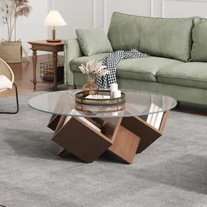 The Round Coffee Table with Glass Top and Geometric Abstract Art Deco Base Storage Shelves, Walnut, 35.4"   WL