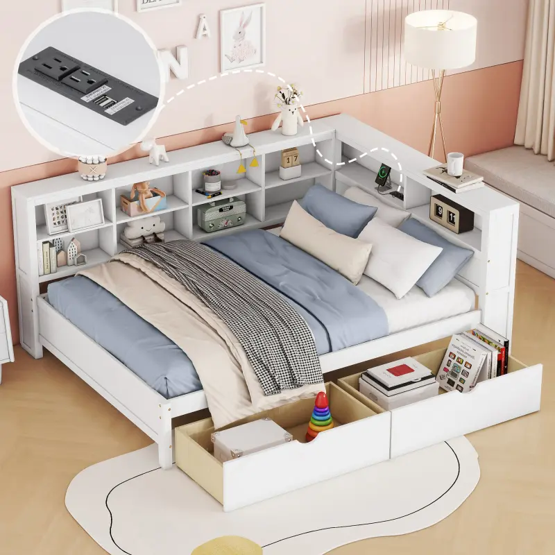 Wooden Full Size DayBed with 2 Drawers DayBed with Storage Shelf and USB Charging Ports White