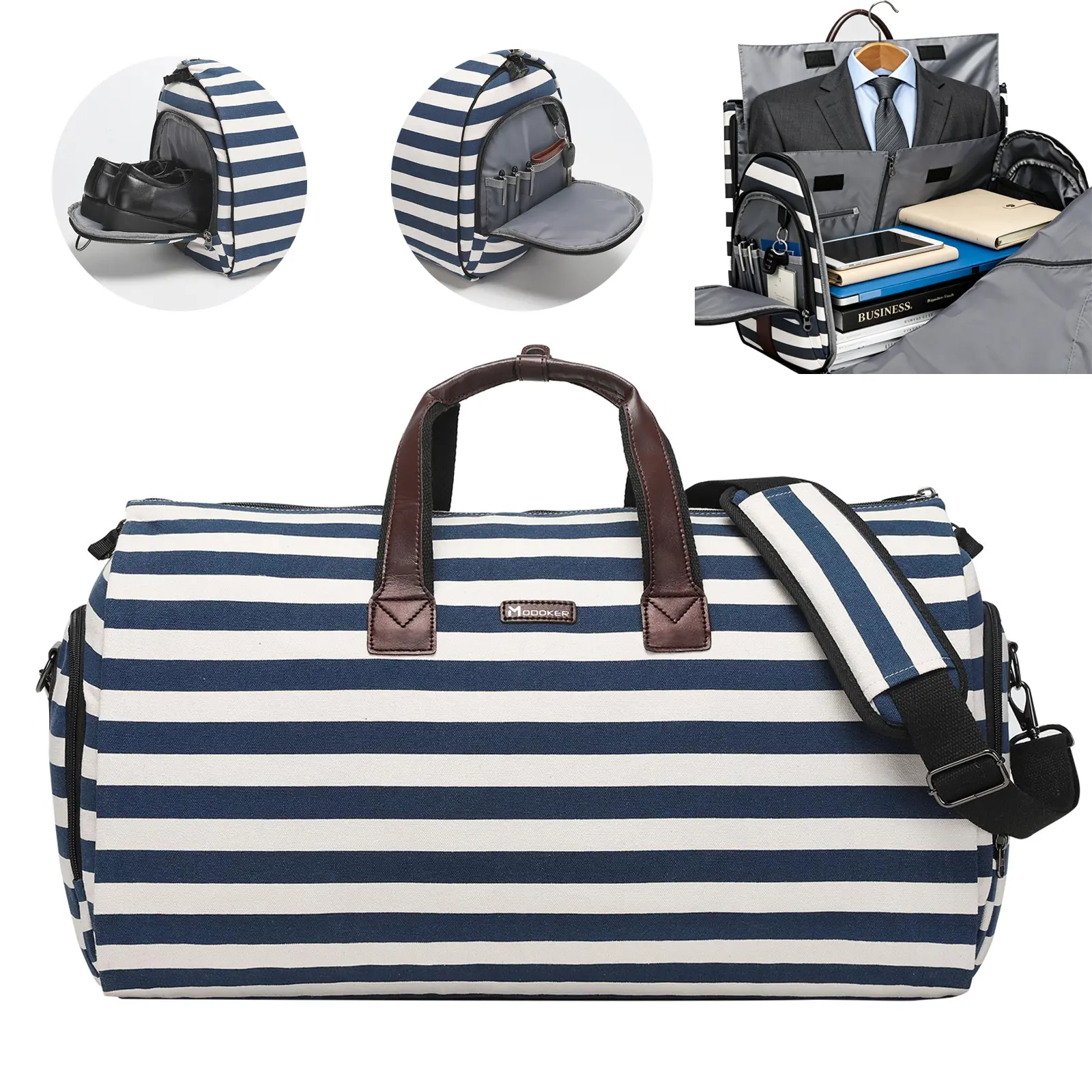 Large Convertible Garment Bags for Travel, Waterproof Carry On Duffle Bag with Shoe Pouch, 2 in 1 Hanging Suitcase Suit Travel Bags, Gifts for Women, Royal Blue Stripe