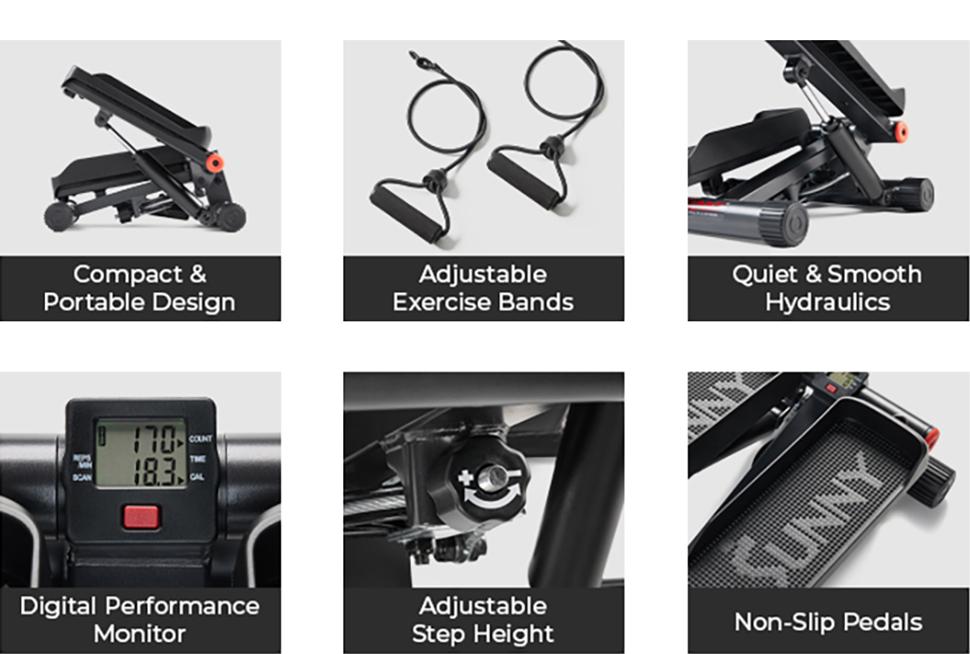 Sunny Health & Fitness Original Mini Stepper with Resistance Bands, 300 lbs Capacity, Compact Home Gym Workout, Quiet Hydraulic Drive, Full-Body Cardio Trainer