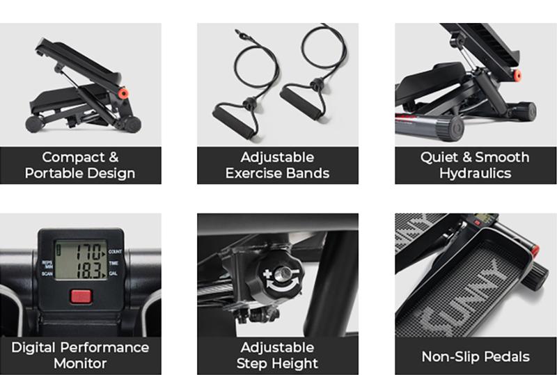 Sunny Health & Fitness Original Mini Stepper with Resistance Bands, 300 lbs Capacity, Compact Home Gym Workout, Quiet Hydraulic Drive, Full-Body Cardio Trainer