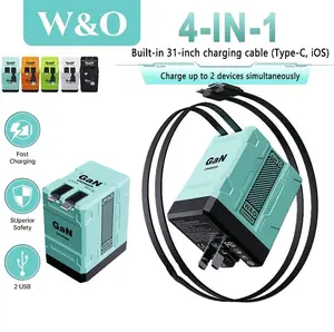 Racktodoor W&O 4-in-1 120W 2026 GaN Fast Charger, Retractable 35in Type-C & Lightning Cable, Retractable Scalable Super Fast Charger Module，Eight-level protection, FoldableDesign, portable charger, One Charger for All Devices compatible/All Smartphones