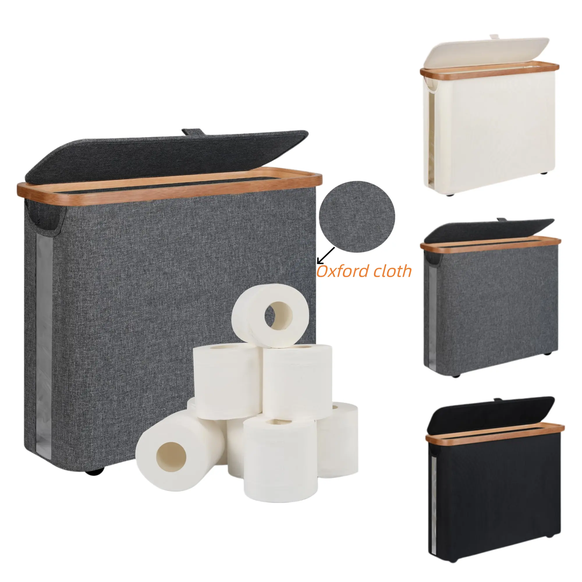 Elegant Narrow Toilet Paper Holder with Lid, Classy Bathroom Tissue Storage Organizer, Waterproof Oxford Fabric for Mega Rolls
