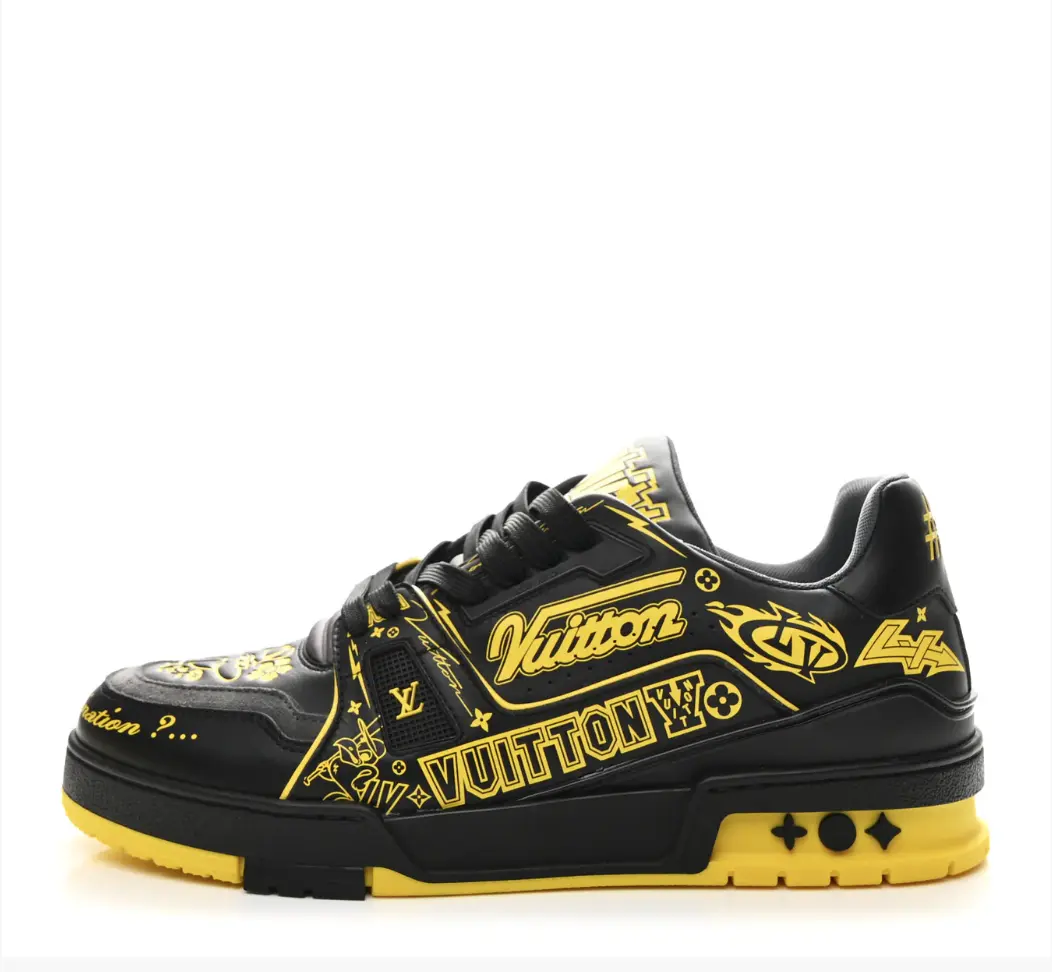 LOUIS VUITTON (LV)Calfskin Graffiti Mens  Trainer Sneakers | Black Yellow | LV SZ 8/US MENS 10 | COMES WITH CERTIFICATE OF AUTHENTICITY | Slight Damage On Box  |
