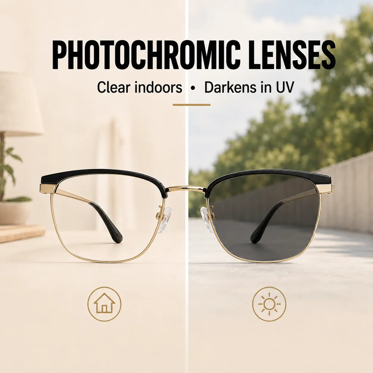 Unisex Lightweight Photochromic Reading Glasses, Gold Metal Frame, Blue Light Filter, UV Sun Protection, Casual Wear Readers for Men/Women, Non-Prescription Daily Screen Use Eyewear