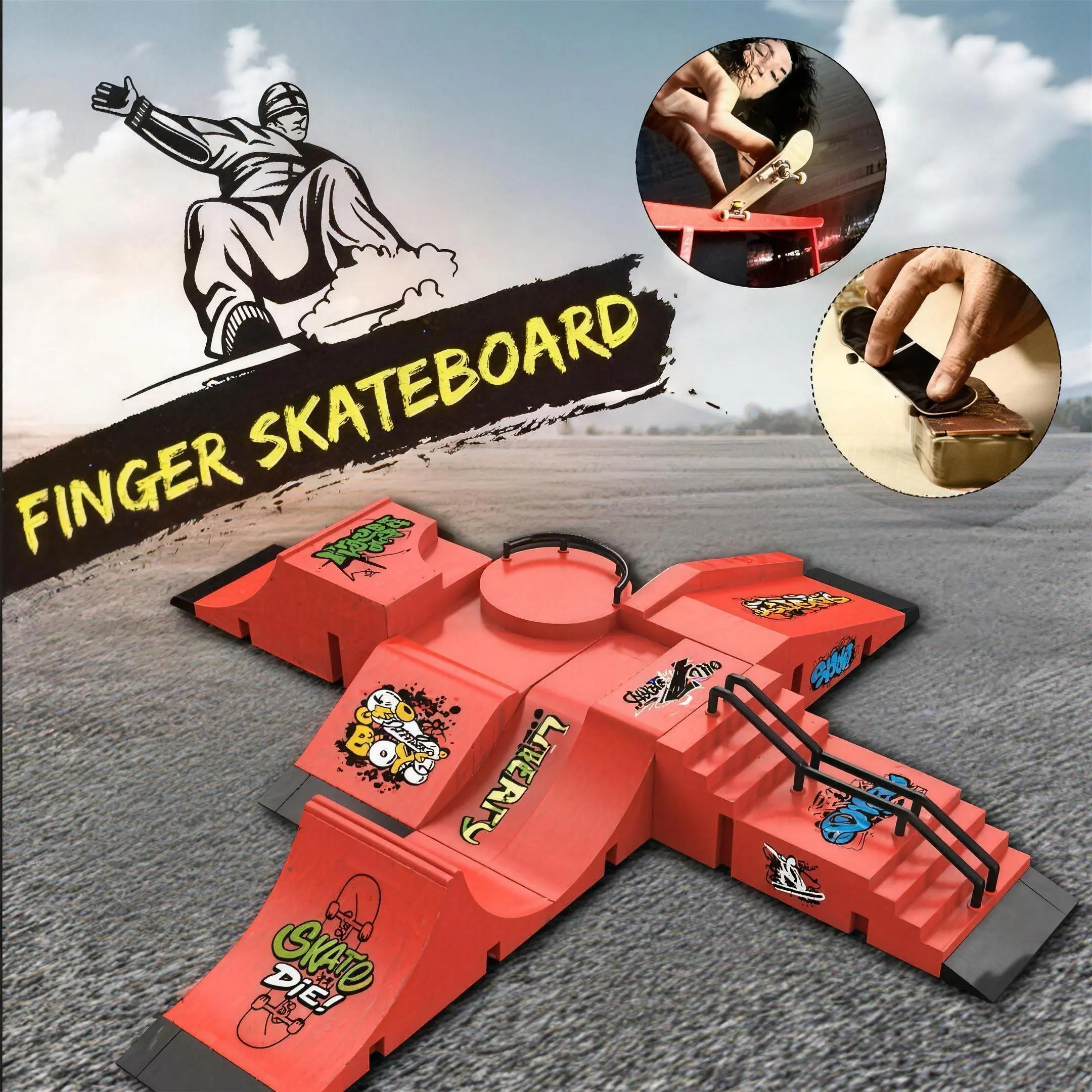 Unisex 6-in-1 Miniature Fingerboard Skating Park Kit, Fidget Toy for Skate Lovers, Enhances Fine-Motor Finger Skills, Compatible with Scene Accessories for Training