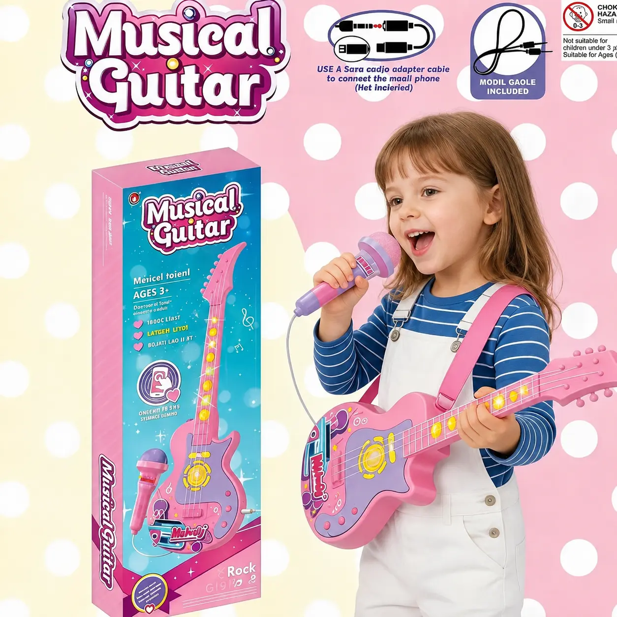 Colorful Unisex Toddler Toy Guitar (Ages 3+), Educational Musical Toy with Light-Up Fretboard, Touch & Play Function, Built-In Music, Microphone & Cable, 3-Color Birthday Gift Option