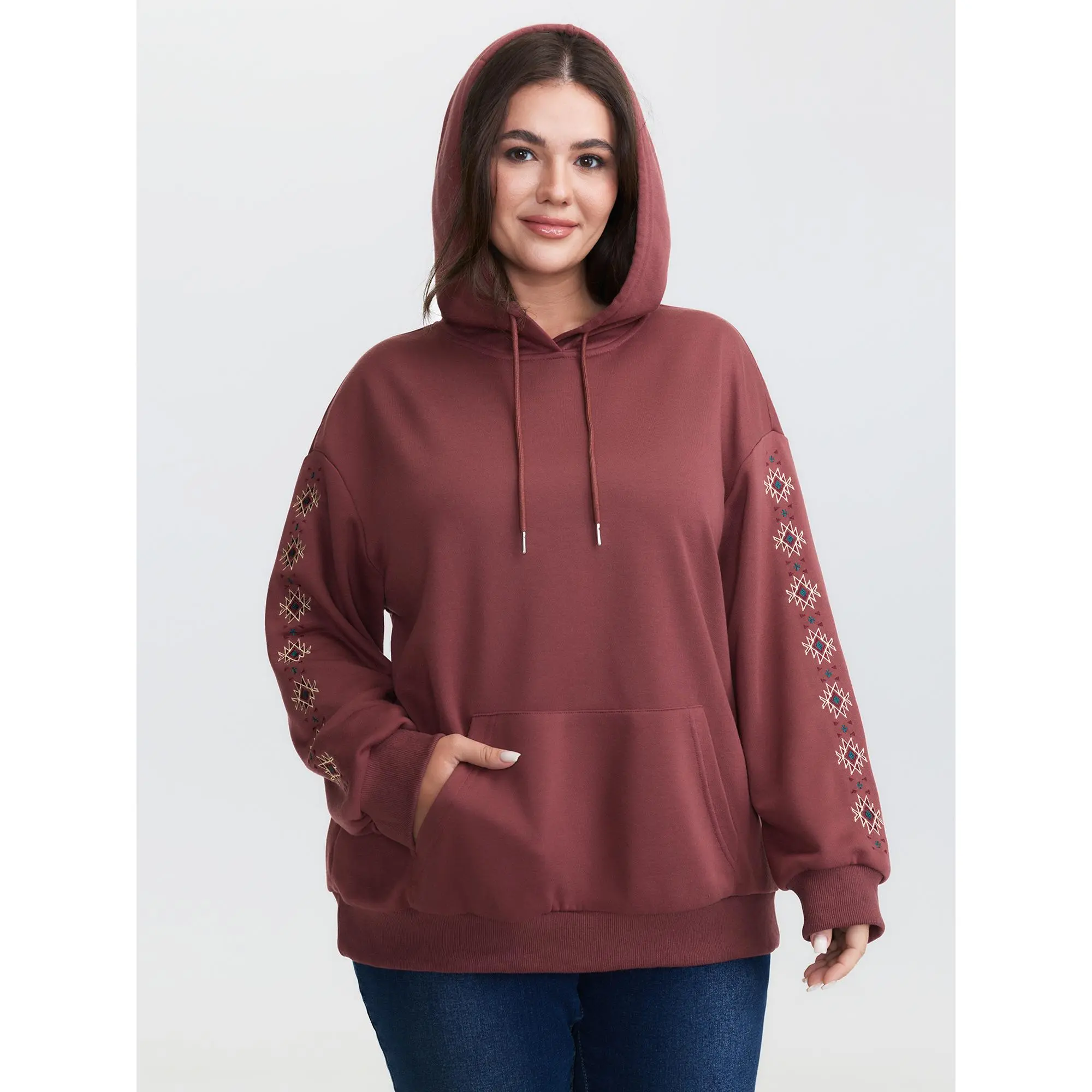 【Hooded & Cozy】Bloomchic Embroidered Sleeve Pockets Hoodie Fit Sweatshirts Swimweek Womenswear Fabric[M-6X] Summerfinds