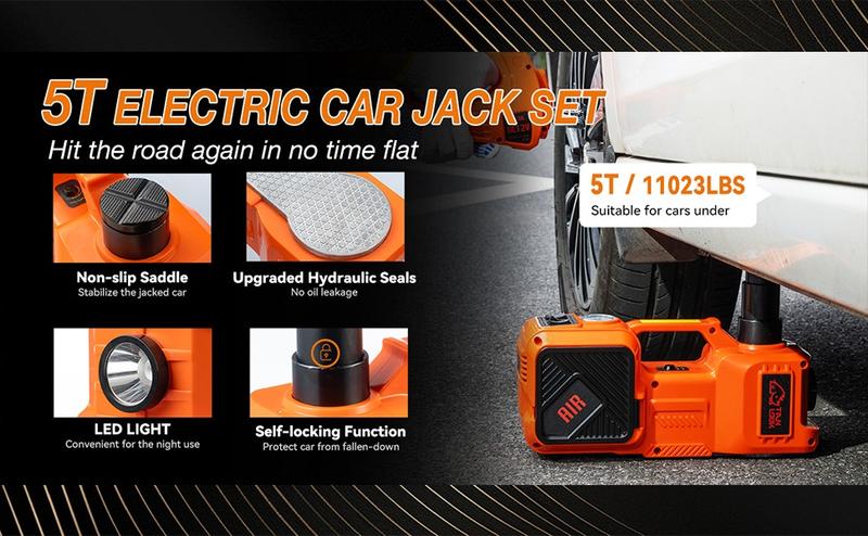 Electric Car Jack Kit with Hydraulic Lift 5-Ton, Tire Inflator Heavy-Duty 12V Floor Jack for Sedans,SUVs,MPVs & Trucks.Ideal for Tire Changes & Garage Repairs
