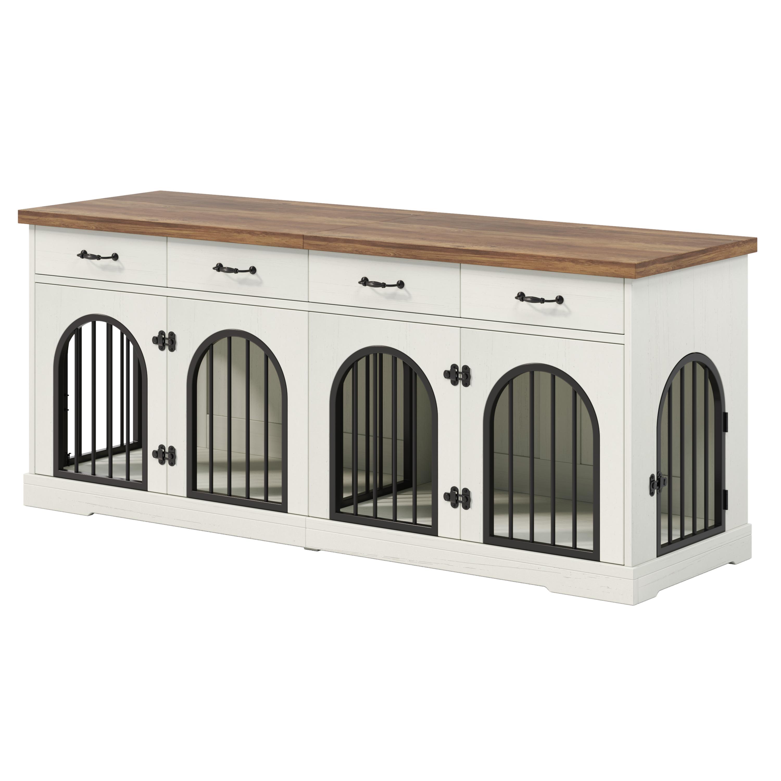 70.8" Large Dog Crate Furniture for 2 Dogs, Dog Kennel Indoor with Removable Divider Door and 4 Storage Drawers, End Table, Dog Crate TV Stand with 4 Doors for Medium Small Dogs, White and Brown