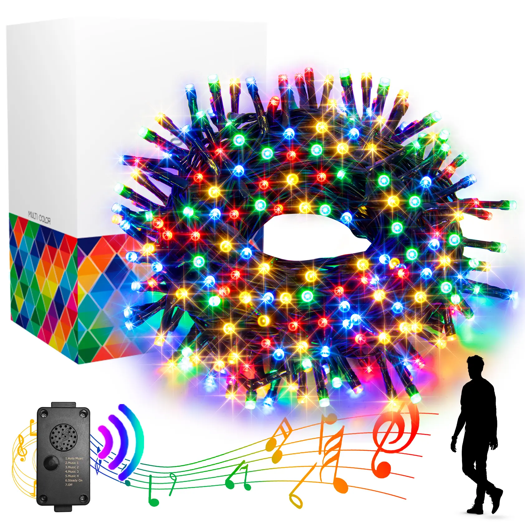 EAMBRITE Multi-Color LED Christmas Party Lights, 82Ft 200LT Outdoor Decorative Lights with Music & Infrared Motion Sensor Controller for Indoor-Outdoor Party Decoration Supplies, Party Light