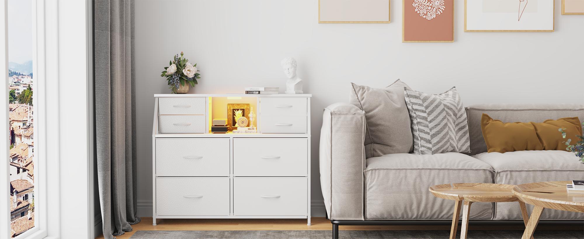 【Storage Hack】Raybee Vanity sideboard 30''H 8 Drawers Dresser for Dorm & Attic,Dresser with Built-In Charging Station and LED, Sturdy Chest of Drawers with Two Open Shelves for Storage,Hides all your clutter to keep you organized and your vibe on point