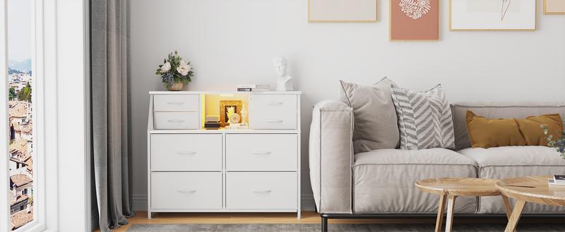 【Storage Hack】Raybee Vanity sideboard 30''H 8 Drawers Dresser for Dorm & Attic,Dresser with Built-In Charging Station and LED, Sturdy Chest of Drawers with Two Open Shelves for Storage,Hides all your clutter to keep you organized and your vibe on point