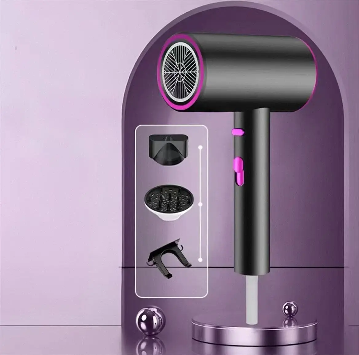 Hair dryer - Home use - Blue light - Negative ions - Hair care - High wind power - Quick drying - Silent - Foldable air diffuser - Diffuser cap - Suitable for all hair types