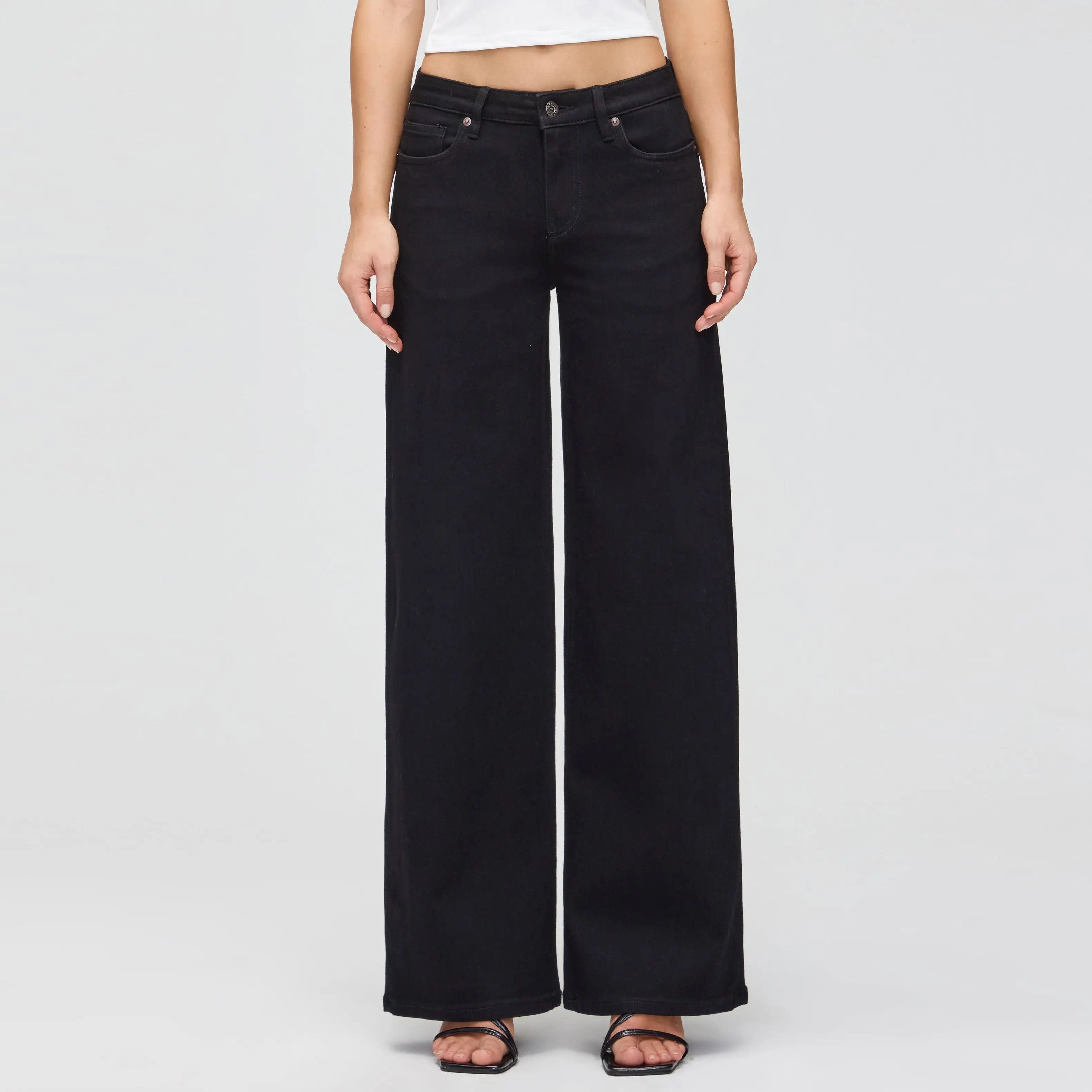 Vessira Solid Black Mid-Rise Stretch Wide-Leg Jeans for Women