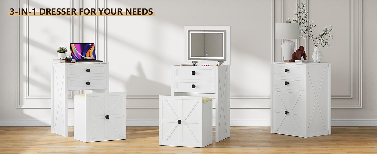 Miuvanity Farmhouse 3 in 1 Vanity with Mirror, 3-Color Adjustable Lighting, Cushioned Stool for Bedroom Organization & Beauty Routines