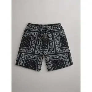 Men's ethnic pattern pocket drawstring waist shorts, Paisley print elastic waist swimsuits, casual beach shorts, swimming shorts