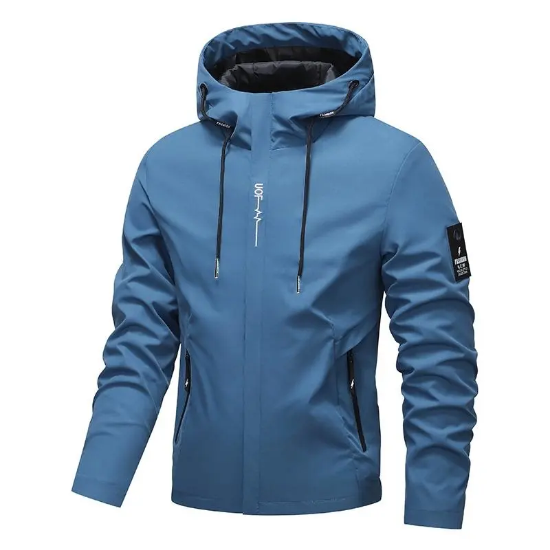 Men's Solid Color Waterproof Windproof Drawstring Zip up Hoodie Jacket, Casual Long Sleeve Outdoor Coat with Zipper Pockets, Suitable for Outdoor Activities, All Season Men's Slim Fit, Windproof Outdoor Jacket, Autumn and Winter Fabric Print Design, Styli
