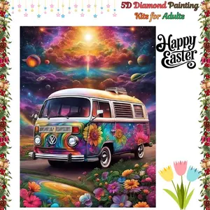 5D Diamond Painting Kit for Adults, Colorful Flower Bus Diamond Art, Full Round Drill DIY Diamond Dot Painting, 12x16 Home Wall Decor Gift